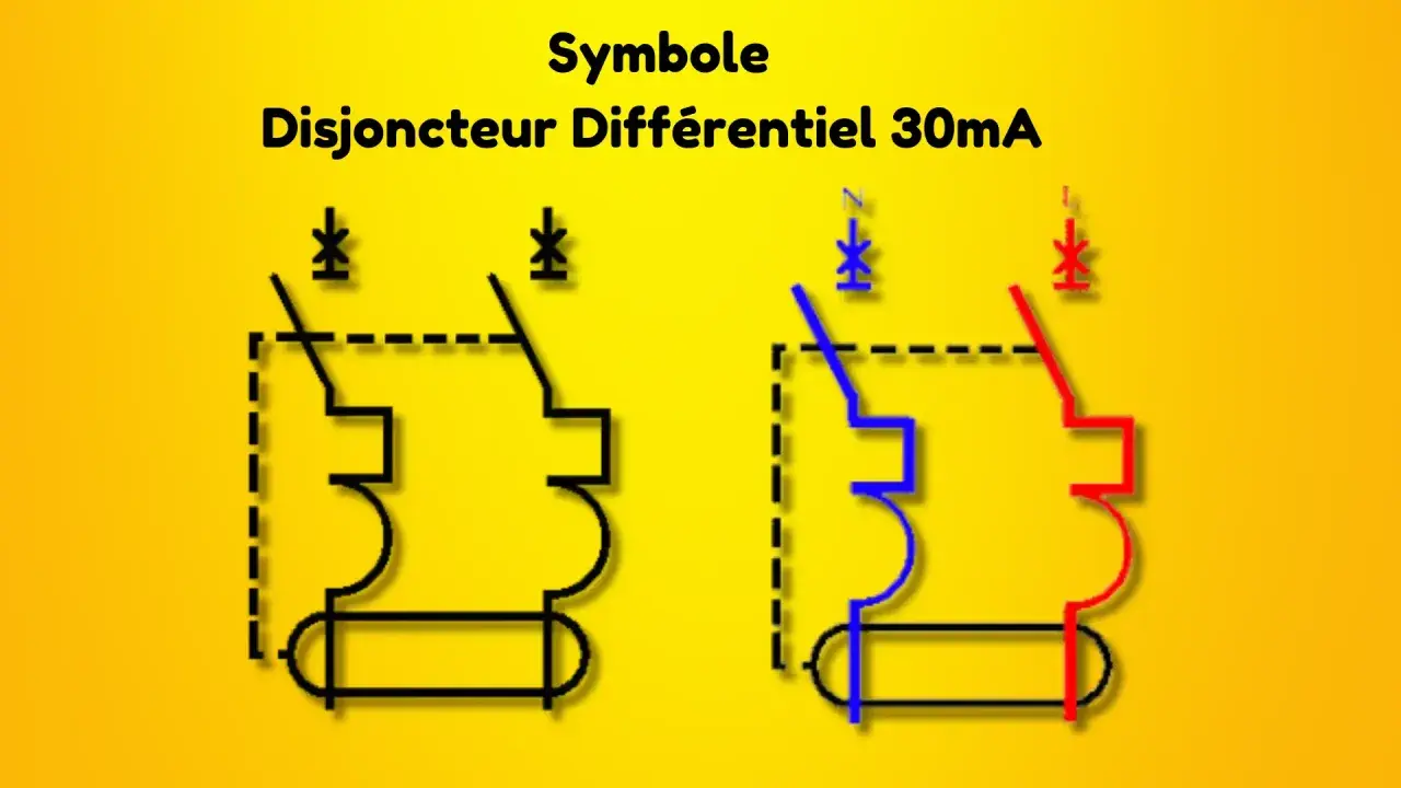 Schéma symbolique d'un disjoncteur différentiel 30mA, montrant ses connexions.