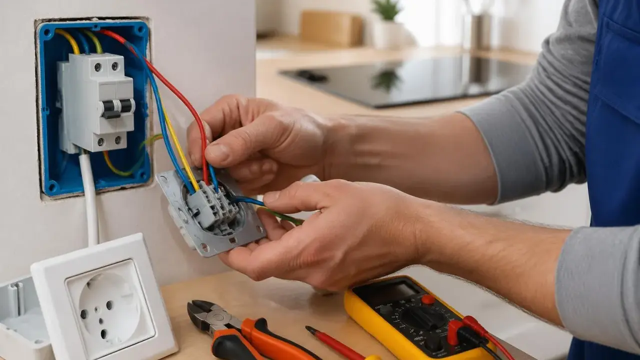 Un électricien connecte un section cable plaque induction. Outils et prises à proximité.