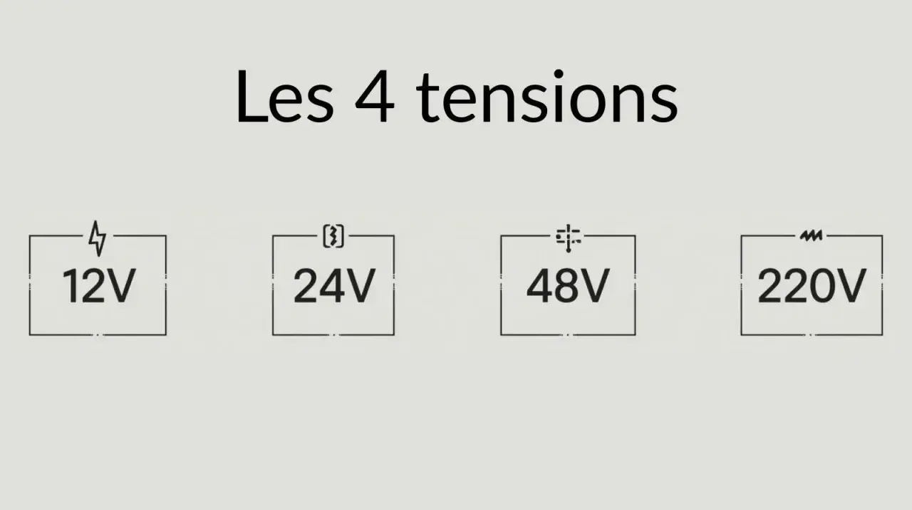 Les 4 tensions d'alimentation LED : 12V, 24V, 48V et 220V.