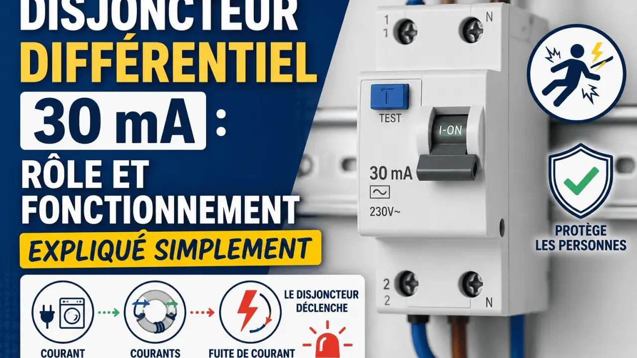 Disjoncteur différentiel 30 mA protégeant des fuites de courant. Il détecte le courant résiduel pour la sécurité des personnes.