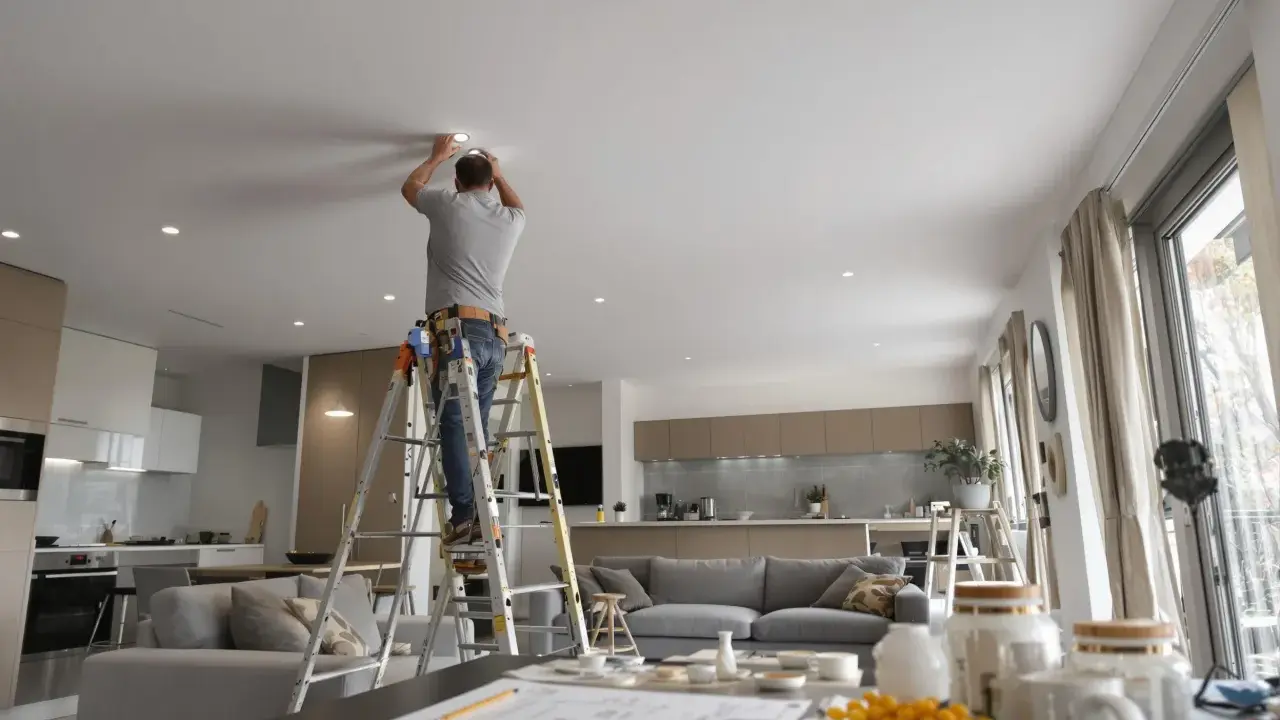 Un homme sur une échelle installe un spot dimmable au plafond d'un salon moderne.