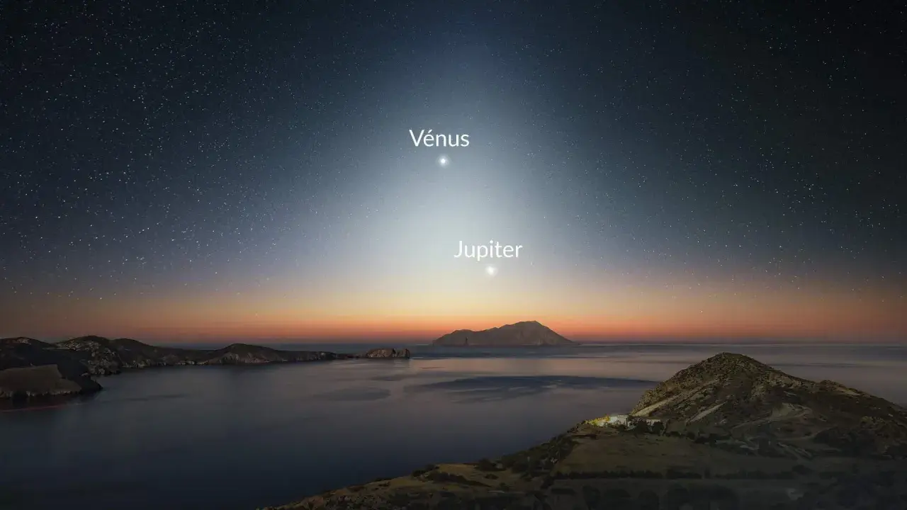 Le ciel étoilé, baigné d'une douce **lumière du jour** naissante, révèle Vénus et Jupiter au-dessus d'une côte rocheuse et d'une mer calme.