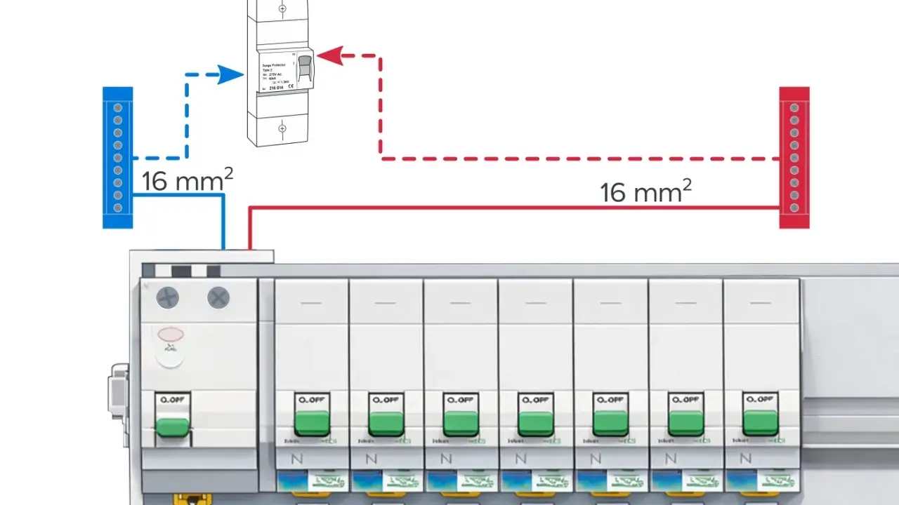 Schéma de câblage pour un disjoncteur lave-vaisselle, montrant la connexion d'un parafoudre et de disjoncteurs de 16 mm².
