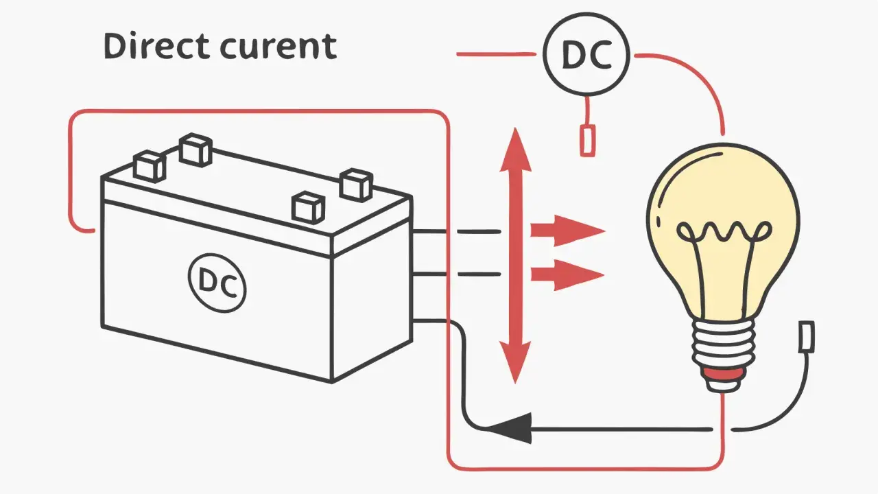 Circuit de courant continu : une batterie alimente une ampoule. Le plus et le moins de la batterie sont connectés à l'ampoule.