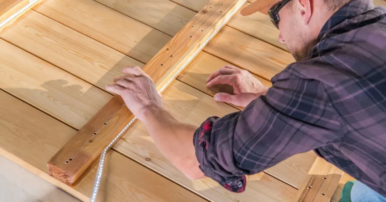 Un homme installe un ruban LED sur une structure en bois. Il réfléchit à quel ruban LED choisir pour son projet d'éclairage extérieur.
