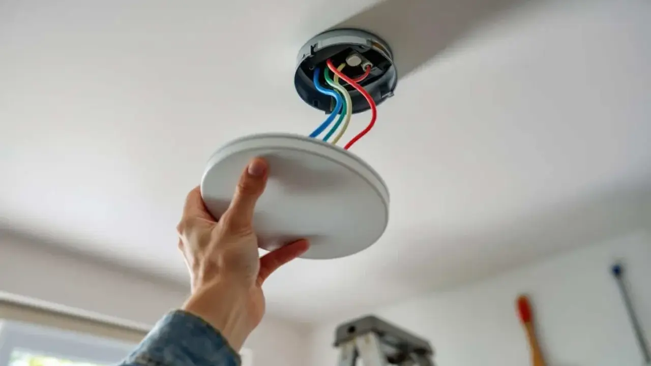 Installation d'un plafonnier : une main tient le cache, révélant le kit de fixation et les fils électriques colorés.