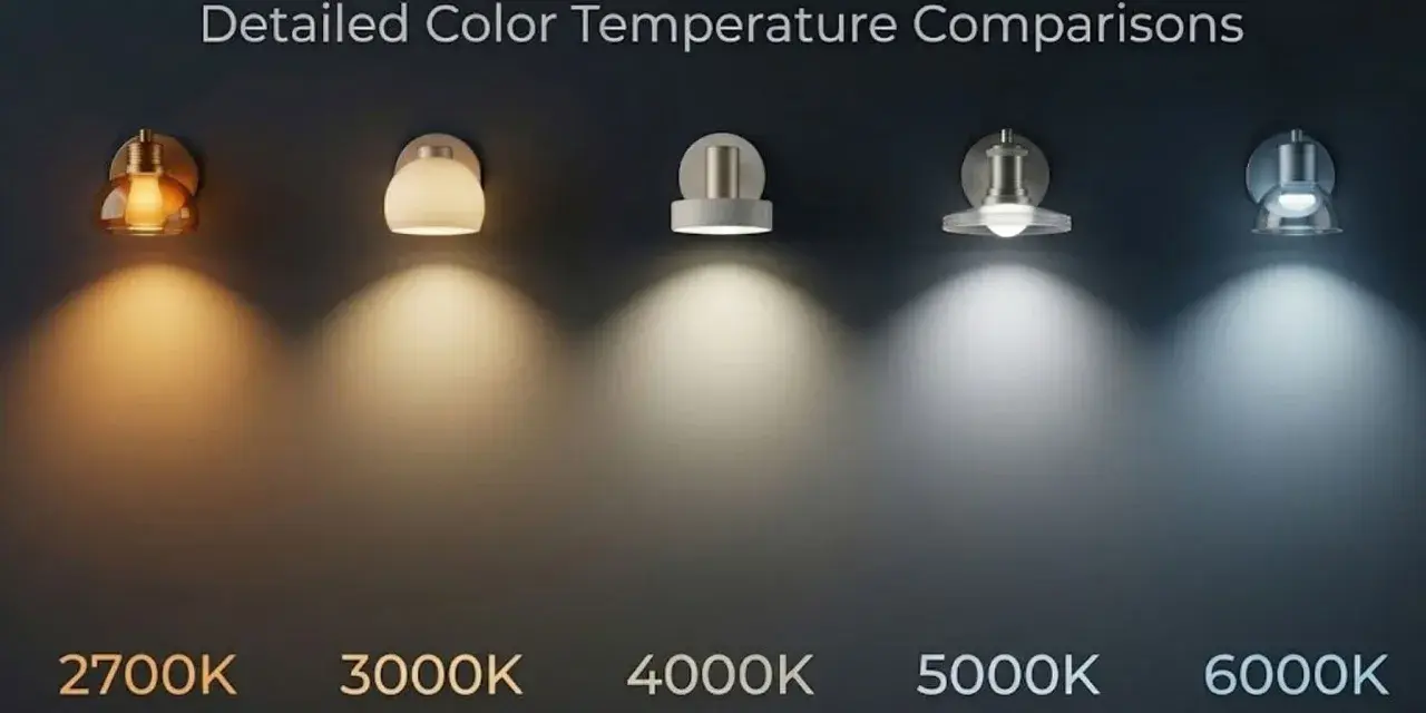 Comparaison de la température de couleur des ampoules LED : de l'ambre chaud (2700K) au blanc froid (6000K).