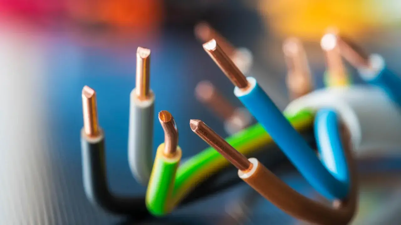 Fils électriques dénudés, avec des gaines de couleur fil électrique L et N (bleu, marron, vert/jaune, gris).