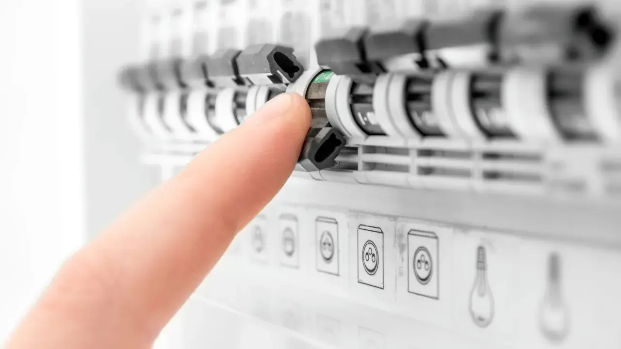 Doigt actionnant un disjoncteur dans un tableau électrique. Aide à comprendre quel disjoncteur différentiel choisir pour votre installation.