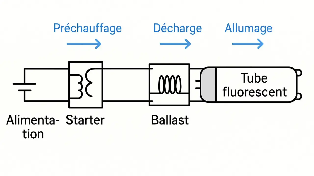 Schéma d'un circuit de tube fluorescent : alimentation, starter, ballast, tube fluorescent. Le starter est essentiel pour le préchauffage.