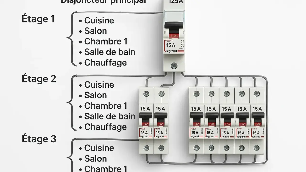 Schéma électrique montrant un disjoncteur principal 125A alimentant plusieurs disjoncteurs 15A pour chaque étage, protégeant chaque prise électrique.