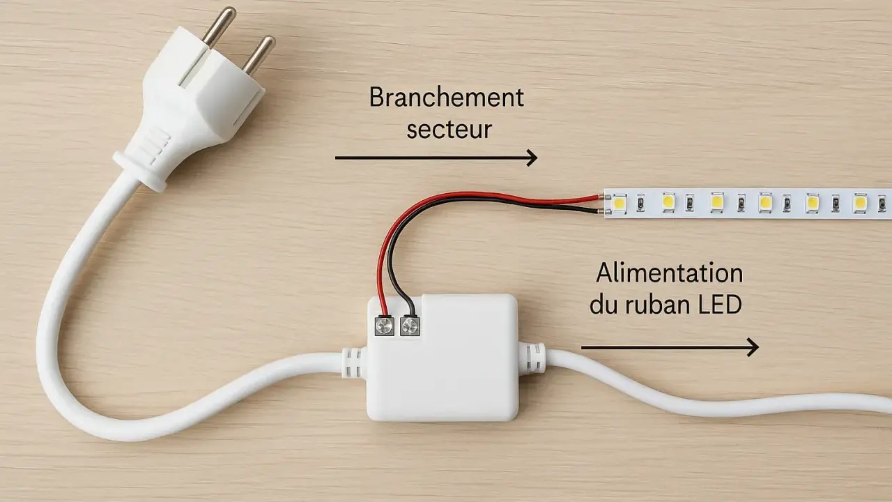 Comment brancher des LED sans prise : un adaptateur blanc relie un câble secteur à un ruban LED.