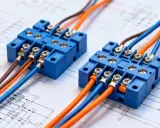 Deux blocs de connexion bleus avec des fils marron, orange et bleus connectés, sur un schéma électrique. L'en électricité est bien organisée.