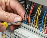 Main électrique en cours, un tournevis serre un fil sur un section cable.