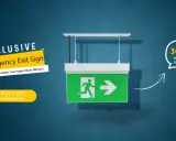 Lampe de secours verte avec symbole de sortie, idéale en cas de coupure de courant. Visibilité 30m.