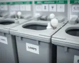 Des bacs de recyclage gris sont alignés, certains marqués "LAMPS". Des ampoules sont posées sur le dessus, indiquant où jeter les ampoules usagées.