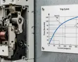 Mécanisme interne d'un disjoncteur et sa courbe de déclenchement, illustrant la règle de l'amont et de l'aval pour la protection électrique.