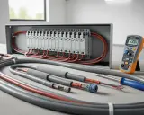 Installation électrique : section câble entre compteur et tableau, avec multimètre et outils.