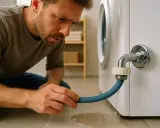 Un homme inquiet examine une fuite d'eau sous sa machine à laver. La prise d'eau semble défectueuse.