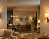 Appliques murales modernes, une noire en saillie et une dorée en applique, éclairent un salon cosy et une salle à manger chaleureuse.