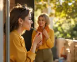 Quelle lumière pour se maquiller ! Une jeune femme applique du rouge à lèvres sur son balcon, baignée d'une douce lumière dorée.