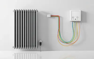 Radiateur électrique argenté relié par des câbles colorés à une prise murale. L'alimentation du radiateur électrique est assurée par ce système.