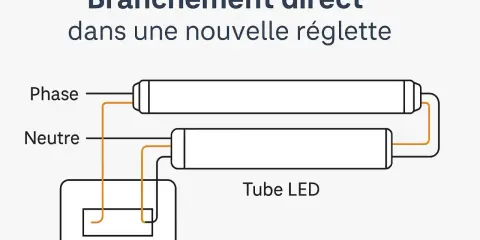 Schéma pour installer un néon LED directement dans une nouvelle réglette. Connexion phase et neutre aux tubes LED.