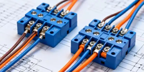 Deux blocs de connexion bleus avec des fils marron, orange et bleus connectés, sur un schéma électrique. L'en électricité est bien organisée.