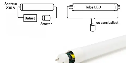 Schéma avant/après : un tube fluorescent avec ballast et starter, puis un tube LED sans ballast. L'électricité est simplifiée.