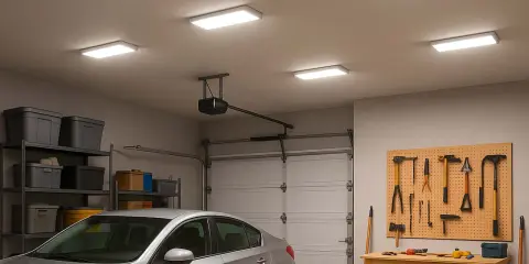 Quel éclairage pour un garage ! Quatre panneaux lumineux éclairent un garage bien rangé avec une voiture, des étagères de rangement et un panneau d'outils.