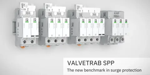 Ensemble de parafoudres VALVETRAB SPP de Phoenix Contact, conçus pour la protection contre les surtensions. Le **contact sec** est intégré pour une signalisation d'état.