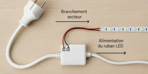 Comment brancher des LED sans prise : un adaptateur blanc relie un câble secteur à un ruban LED.