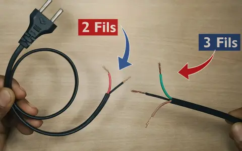 Câble électrique avec prise, comparant un branchement interrupteur 2 fils et un 3 fils avec terre.