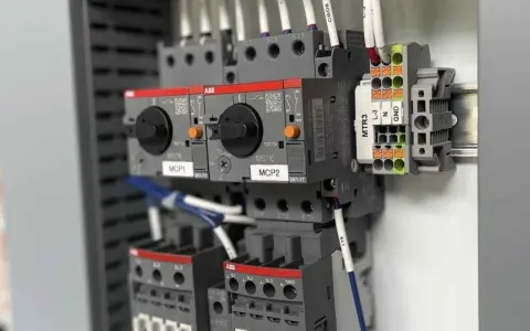 Panneau électrique avec contacteurs ABB. La fonction contacteur est visible sur les dispositifs MCP1 et MCP2.