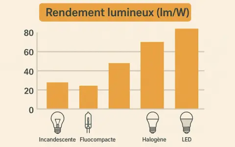 Graphique comparant le rendement lumineux des ampoules. Les LED, avec une consommation led 12v, offrent le meilleur rendement.