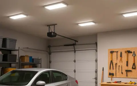 Quel éclairage pour un garage ! Quatre panneaux lumineux éclairent un garage bien rangé avec une voiture, des étagères de rangement et un panneau d'outils.
