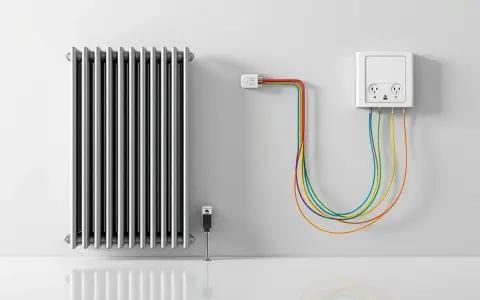 Radiateur électrique argenté relié par des câbles colorés à une prise murale. L'alimentation du radiateur électrique est assurée par ce système.