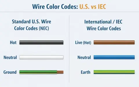 Comparaison des codes de couleur fil électrique : US (noir, blanc, vert) vs IEC (marron, bleu, vert/jaune).