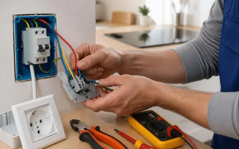 Un électricien connecte un section cable plaque induction. Outils et prises à proximité.
