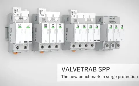 Ensemble de parafoudres VALVETRAB SPP de Phoenix Contact, conçus pour la protection contre les surtensions. Le **contact sec** est intégré pour une signalisation d'état.