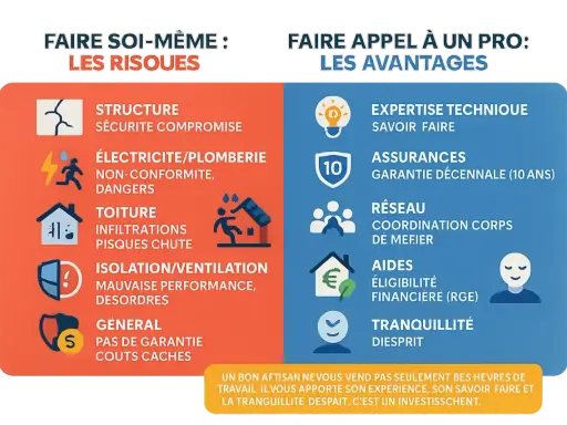 Comparaison des risques du bricolage (électricité, toiture, isolation) et des avantages de faire appel à un professionnel pour votre plan électrique maison.