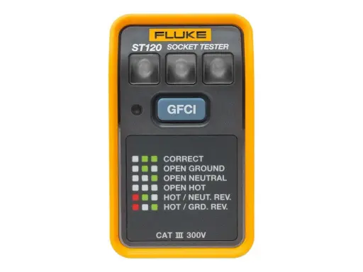 Testeur de prise Fluke ST120 pour savoir comment tester une prise électrique. Indique les défauts : terre ouverte, neutre ouvert, etc.