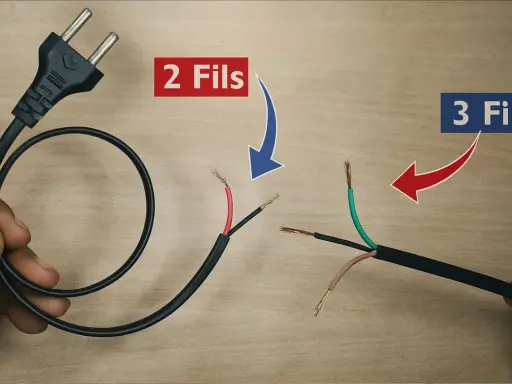 Câble électrique avec prise, comparant un branchement interrupteur 2 fils et un 3 fils avec terre.
