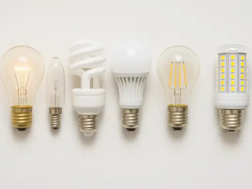 Six ampoules de différents types, dont une ampoule dimmable sur interrupteur normal, alignées sur fond blanc.