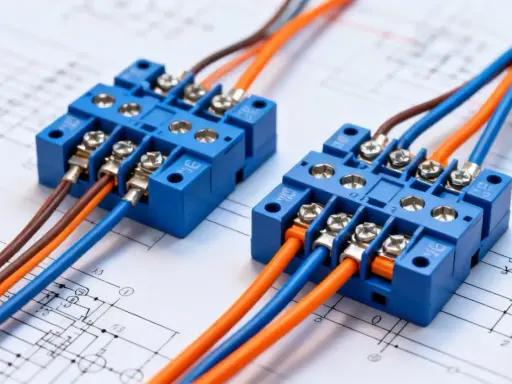 Deux blocs de connexion bleus avec des fils marron, orange et bleus connectés, sur un schéma électrique. L'en électricité est bien organisée.