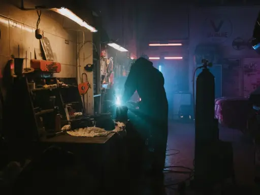 Un soudeur travaille dans un garage sombre, éclairé par des néons. La question "dans quel sens installer un néon dans un garage" plane dans l'air.