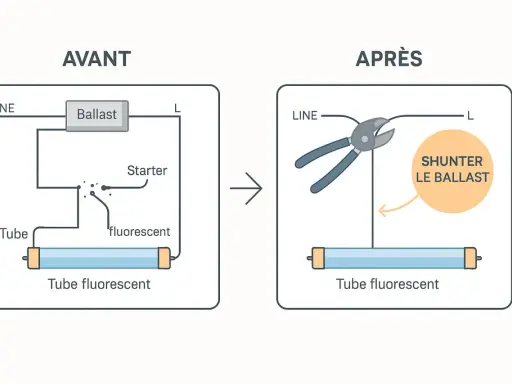 Schéma avant/après : branchement néon LED en série. On coupe le ballast pour le shunter.