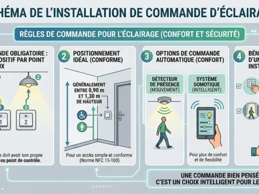 Schéma des règles de commande pour un circuit lumière : un dispositif par point lumineux, positionnement idéal, options automatiques et bénéfices.