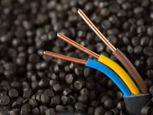 Trois fils électriques aux conducteurs en cuivre, dont un fil marron électrique, sortent d'un câble noir sur un fond de granulés noirs.