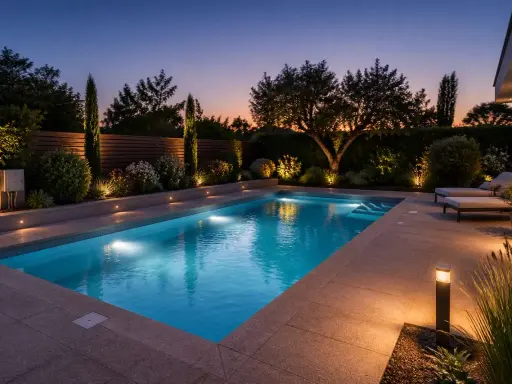 Belle piscine illuminée au crépuscule. Le disjoncteur de l'éclairage piscine est visible sur la gauche, discret mais essentiel.